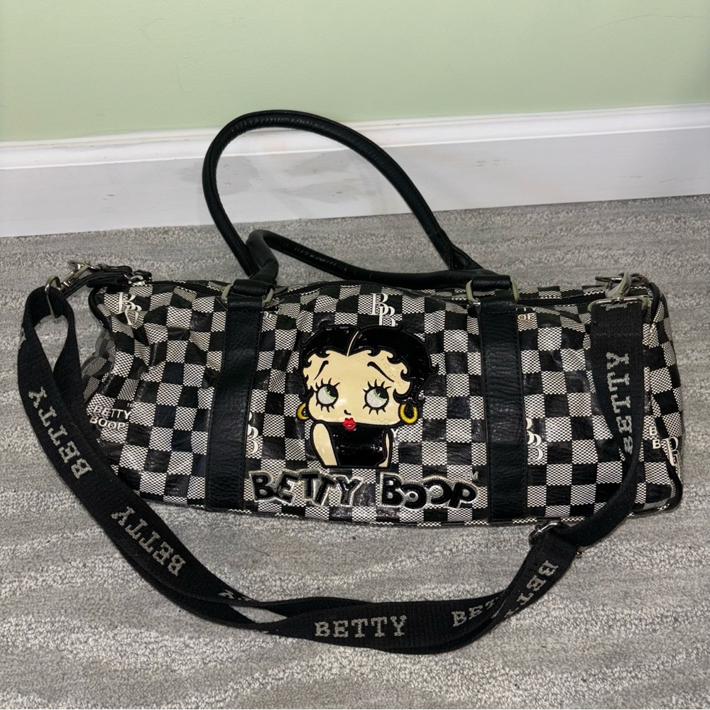 Betty Boop Black & White Checkered Vinyl Shoulder Bag W/ Adjustable Strap Y2K - Picture 1 of 14